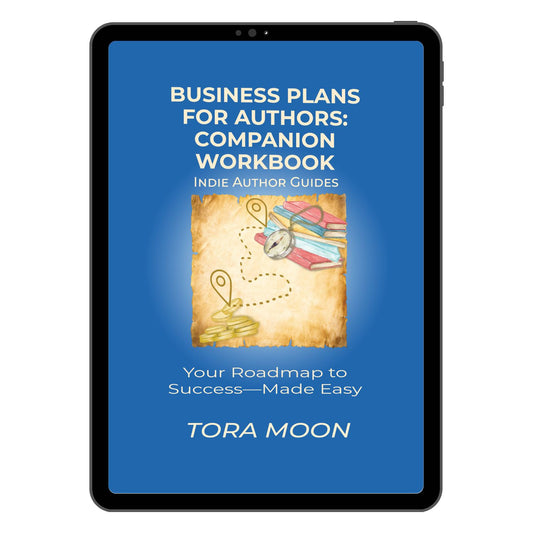 Tablet displaying a workbook cover titled 'Business Plans for Authors: Companion Workbook' by Tora Moon on a blue background.