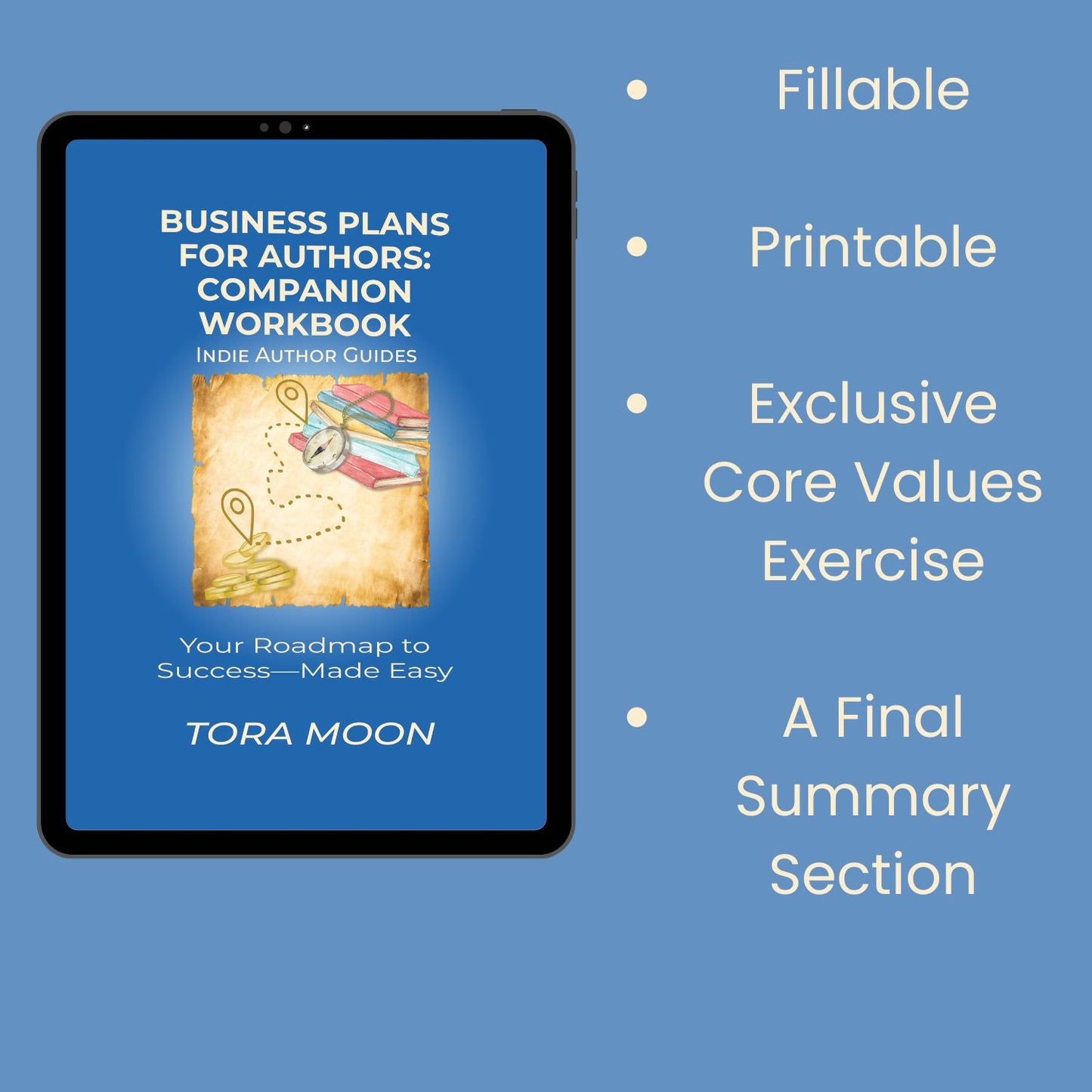 Tablet displaying a book cover with text about business plans for authors on a blue background