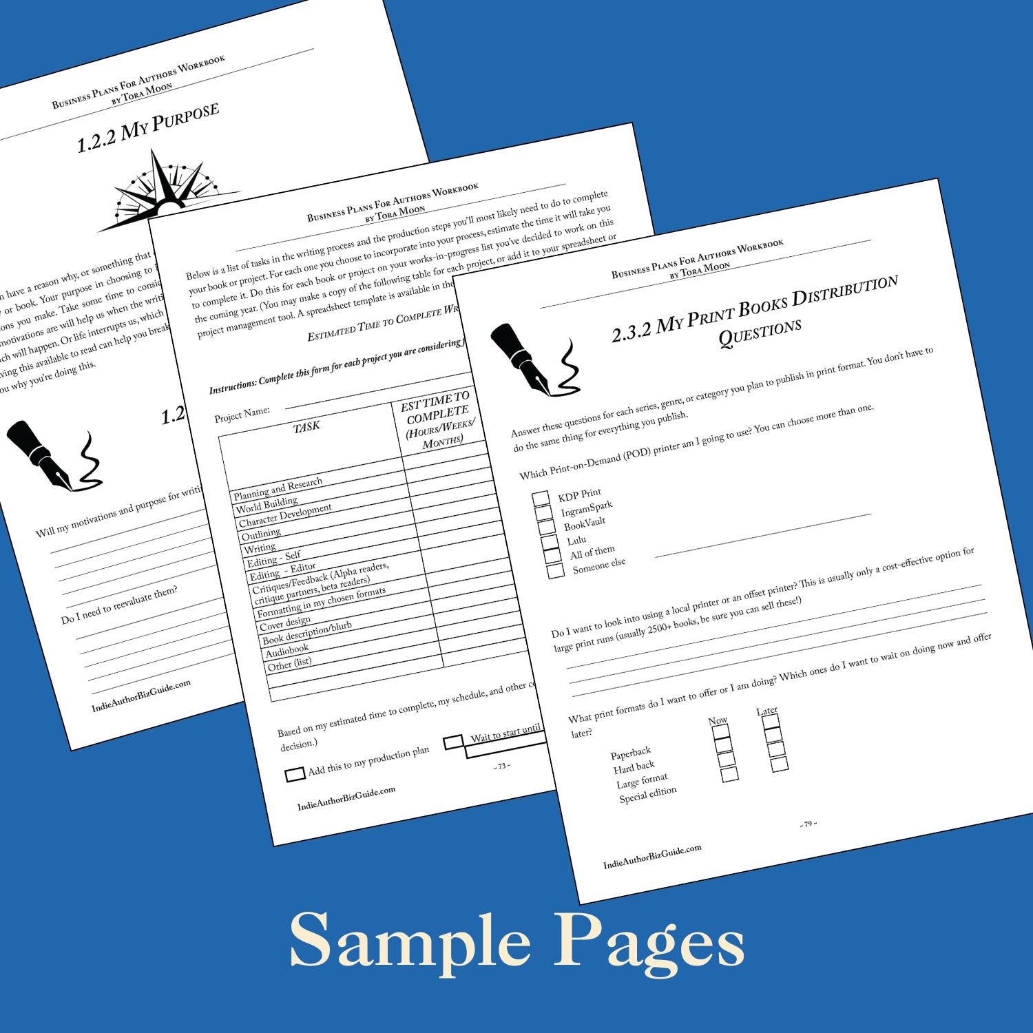 Three printed pages with text and checkboxes on a blue background, labeled 'Sample Pages'.