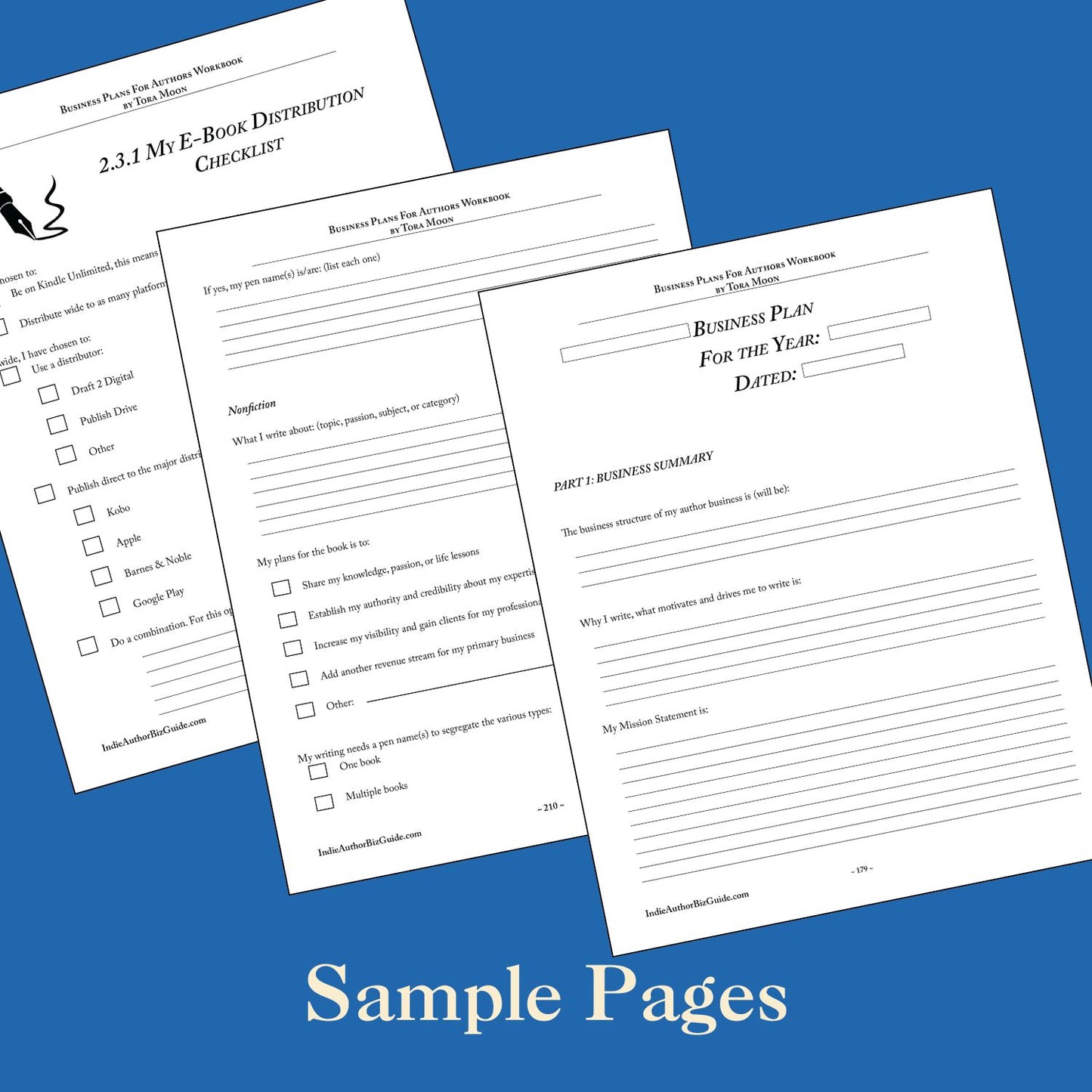 Sample worksheet pages from the Business Plans for Authors: Companion Workbook, including ebook distribution checklist and annual business summary templates to help indie authors organize their publishing operations.