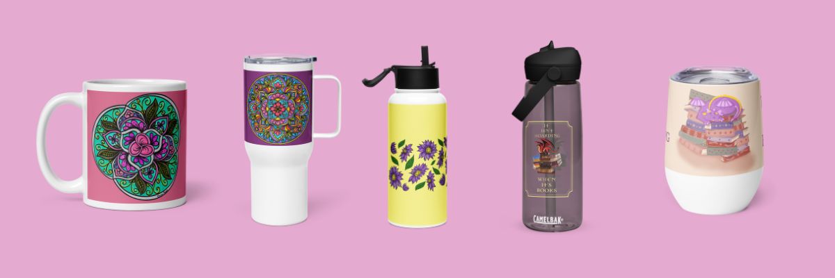 Collection of insulated cups and bottles with Tora's designs on a pink background