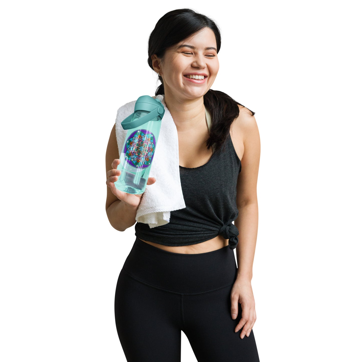 Woman in athletic wear holding a water bottle and towel on a white background