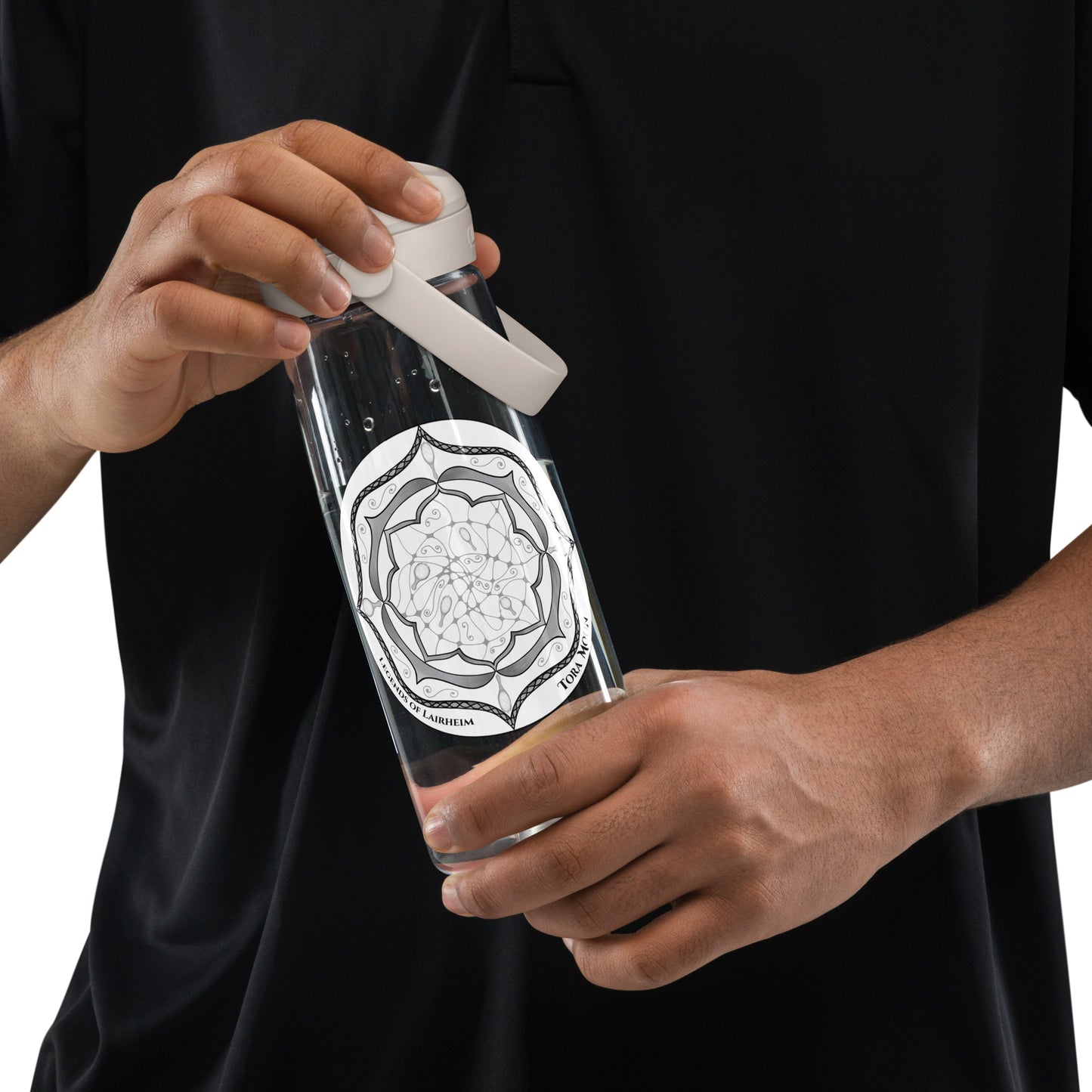 Person holding a Gray Talent Mandala Flip Straw Water Bottle clear