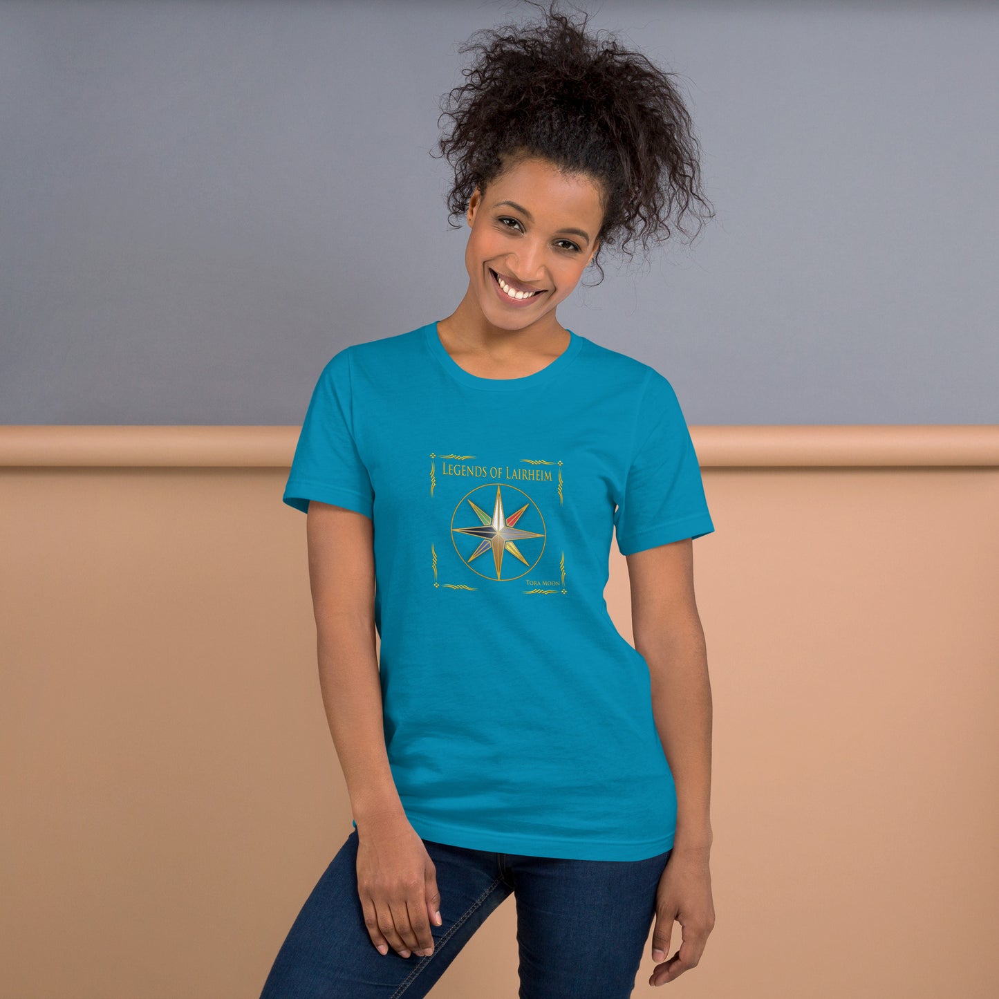 model wearing Legends of Lairheim Elemental Star t-shirt -aqua