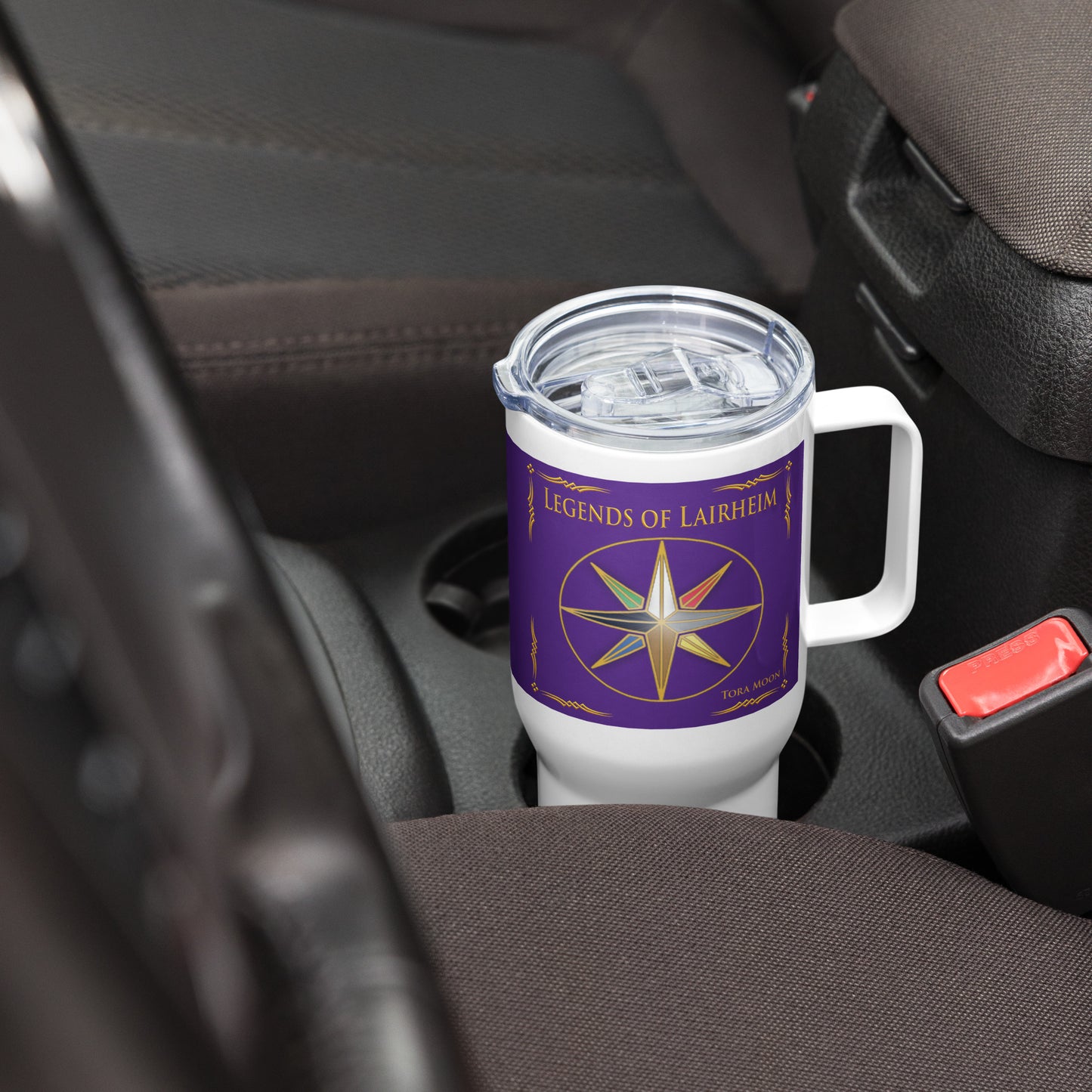 Legends of Lairheim Elemental Star travel mug in a vehicle cup holder