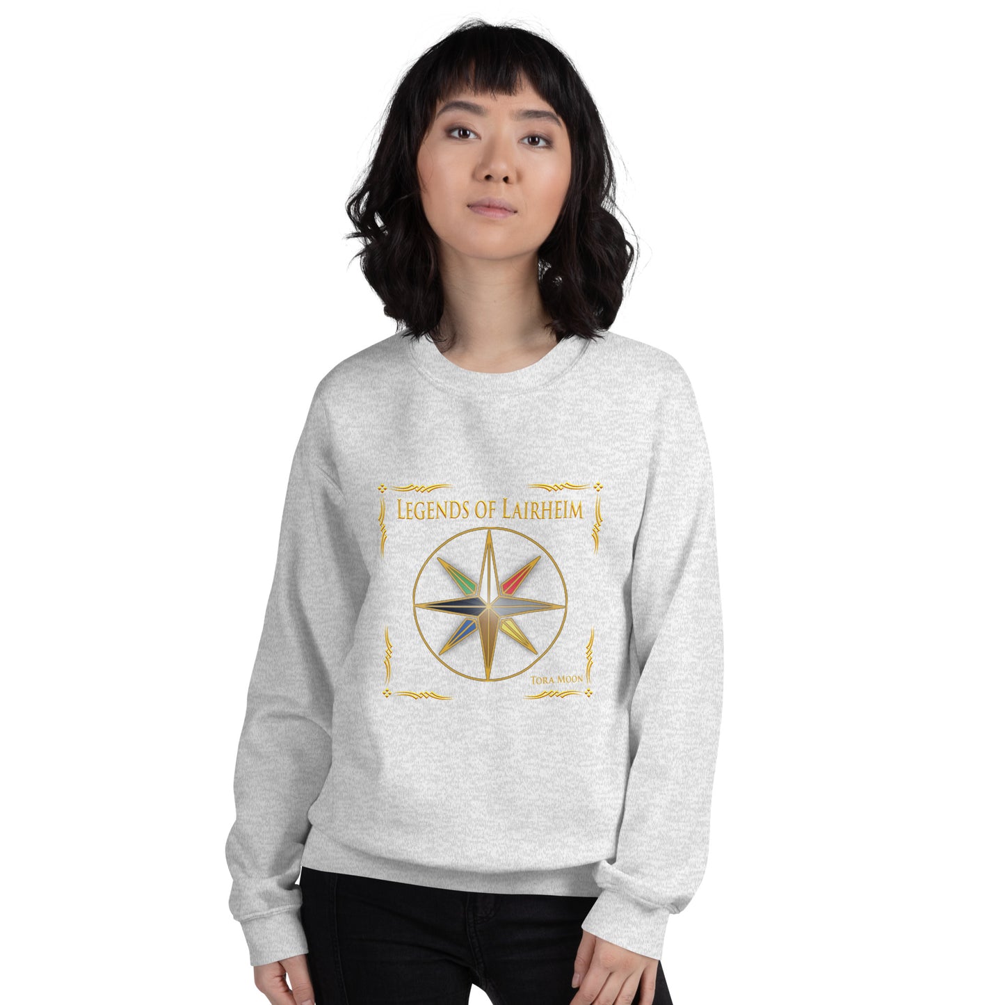 model wearing Legends of Lairheim Elemental Star sweatshirt -ash