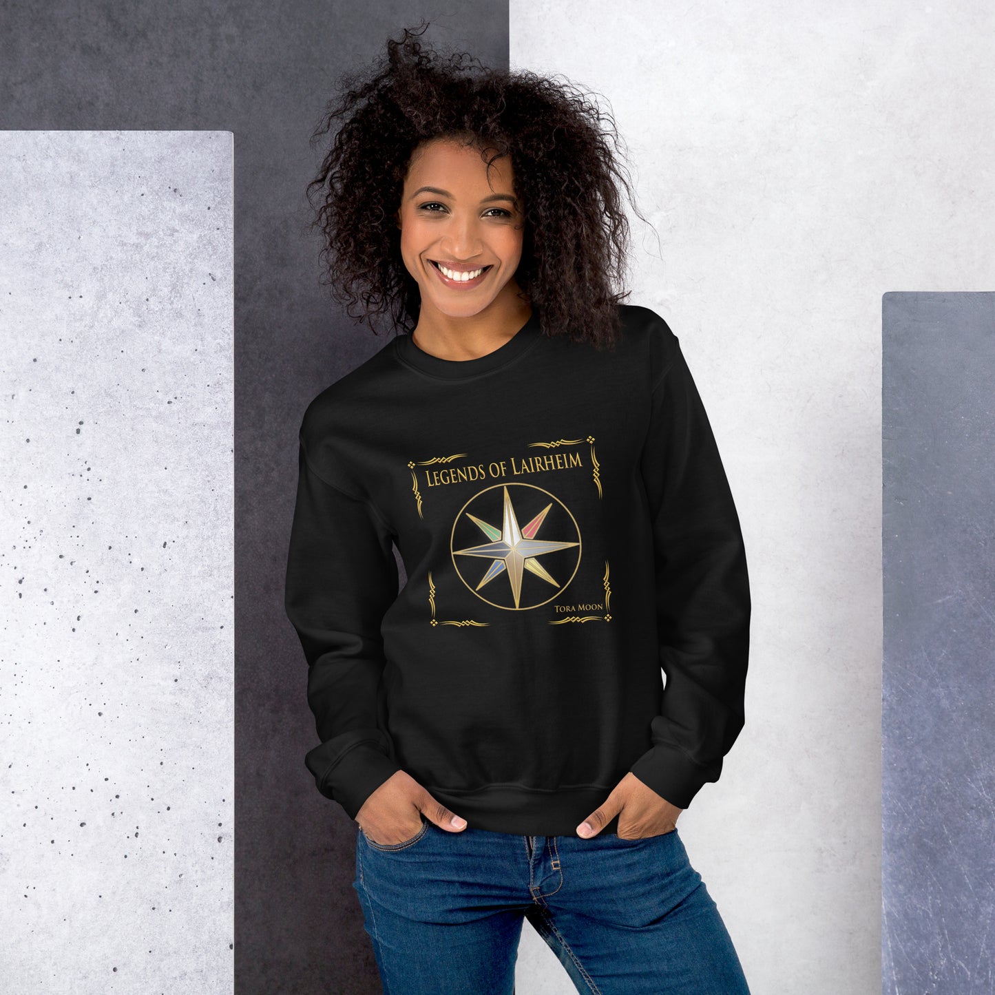model wearing Legends of Lairheim Elemental Star sweatshirt -black