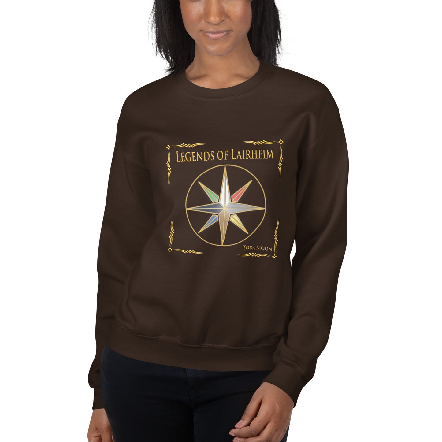 model wearing Legends of Lairheim Elemental Star sweatshirt -dark chocolate