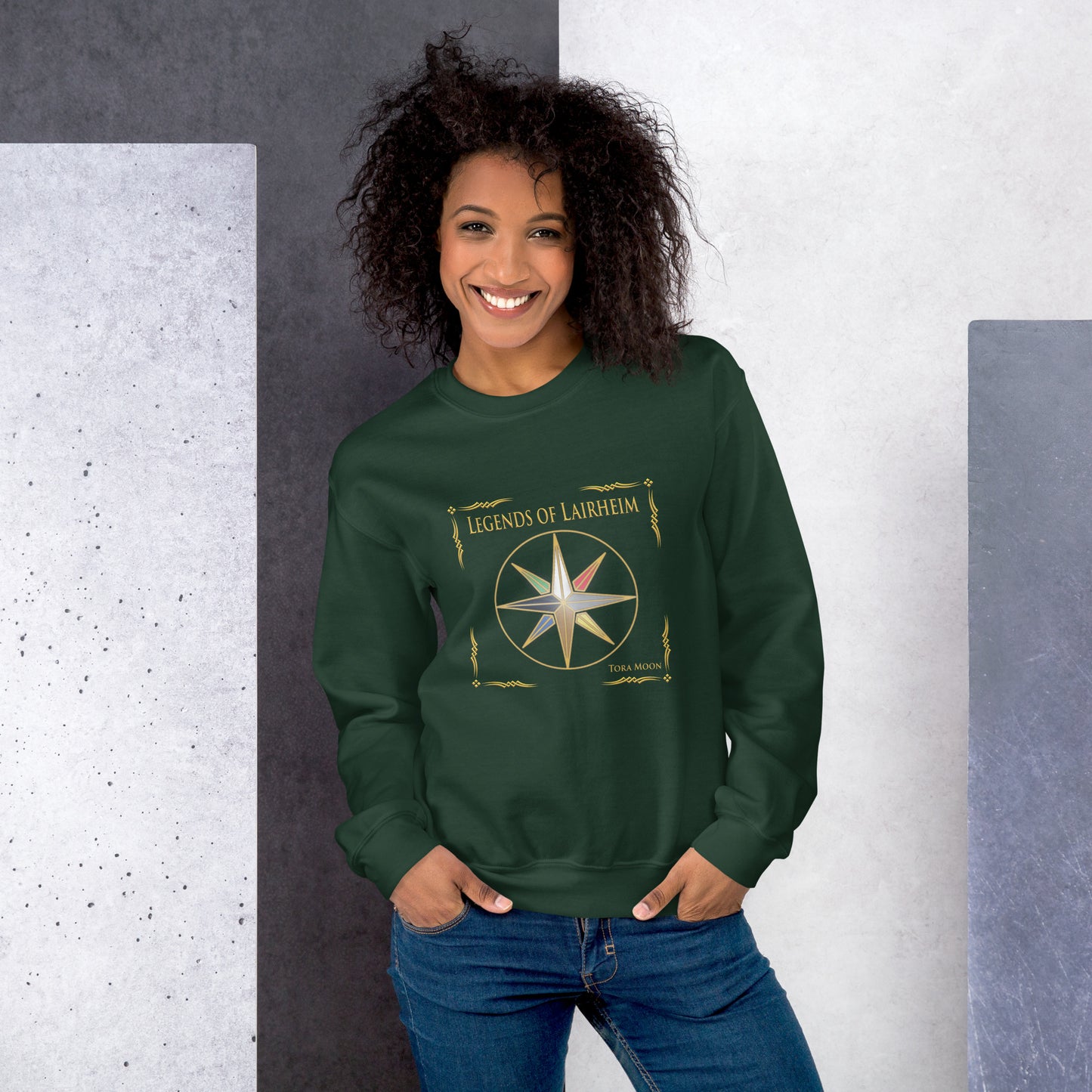 model wearing Legends of Lairheim Elemental Star sweatshirt -forest green