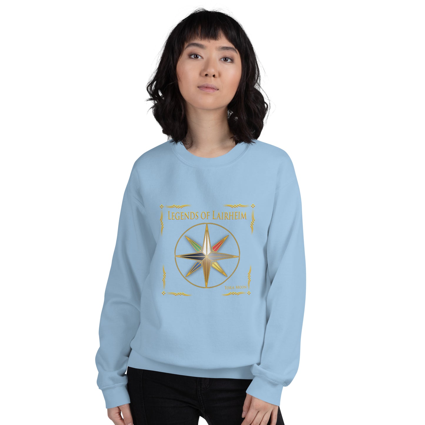 model wearing Legends of Lairheim Elemental Star sweatshirt - light blue