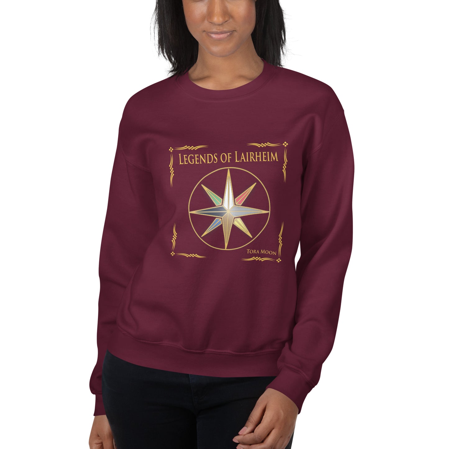 model wearing Legends of Lairheim Elemental Star sweatshirt -maroon