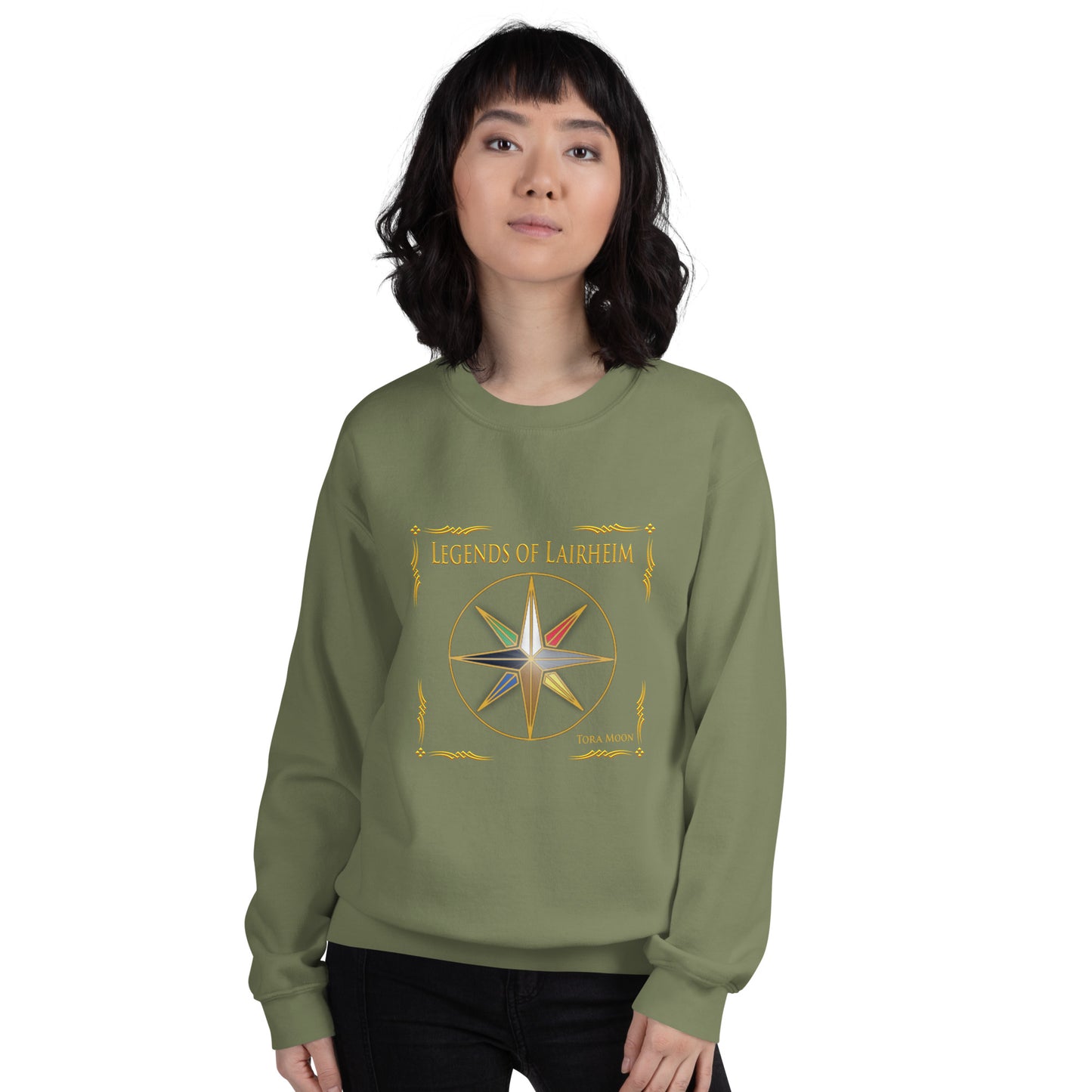 model wearing Legends of Lairheim Elemental Star sweatshirt -military green