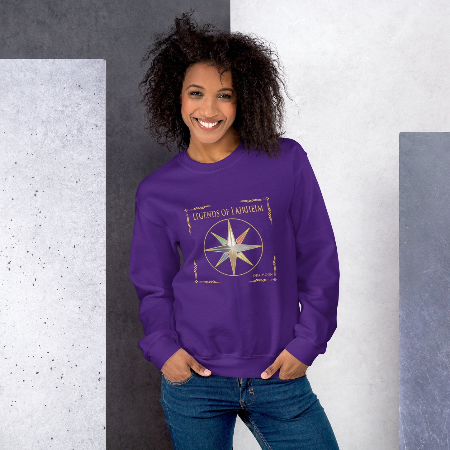 model wearing Legends of Lairheim Elemental Star sweatshirt -purple