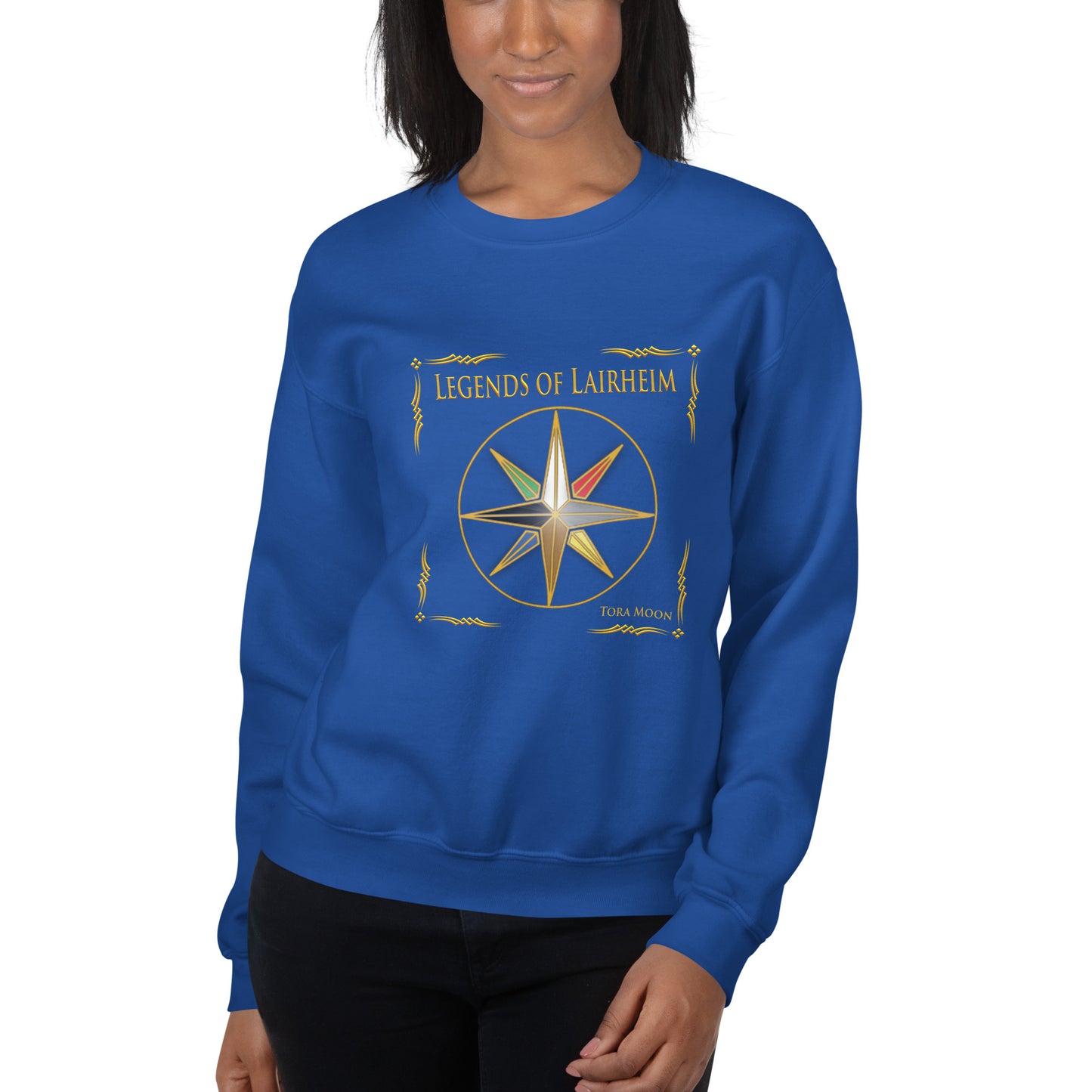 model wearing Legends of Lairheim Elemental Star sweatshirt -royal blue