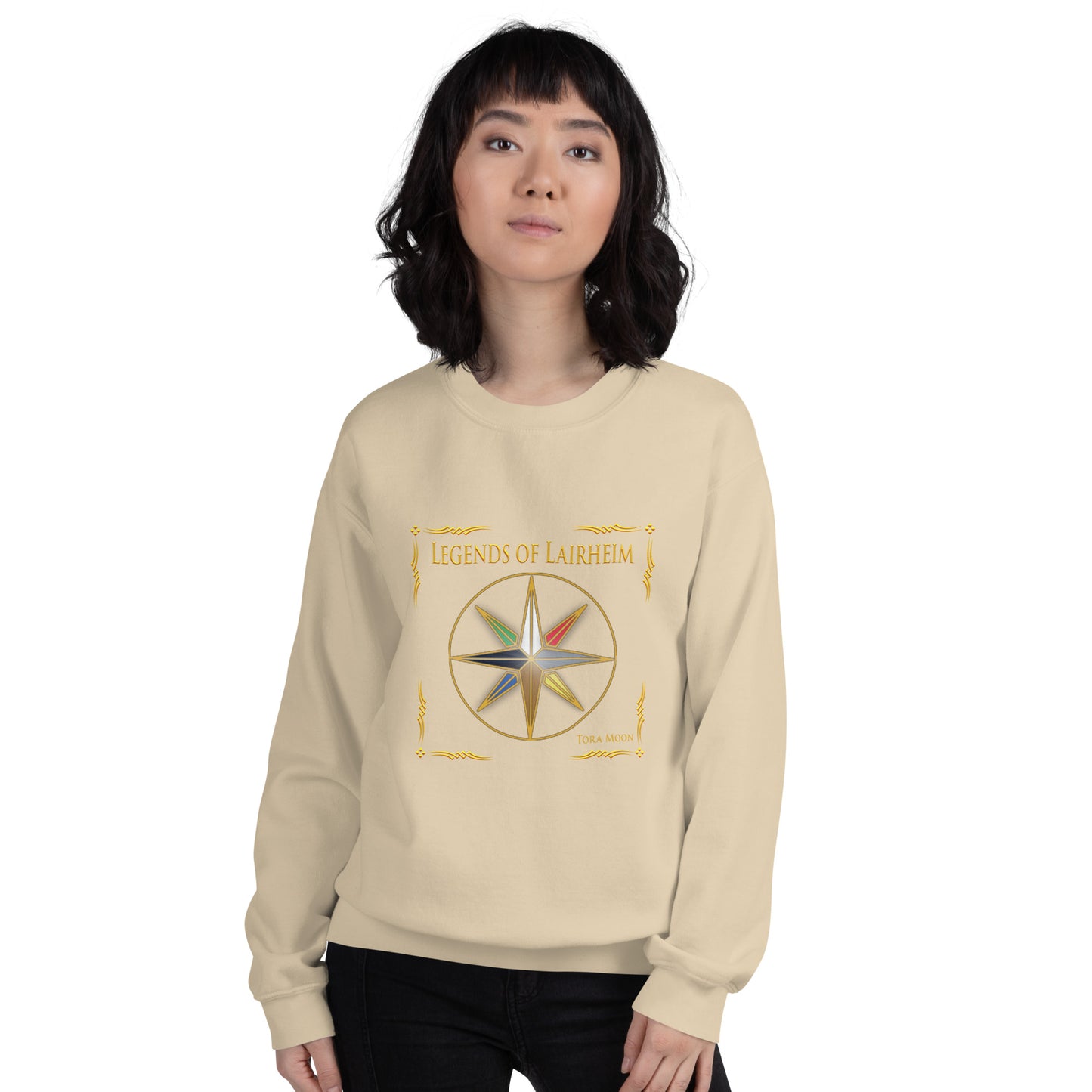 model wearing Legends of Lairheim Elemental Star sweatshirt -sand