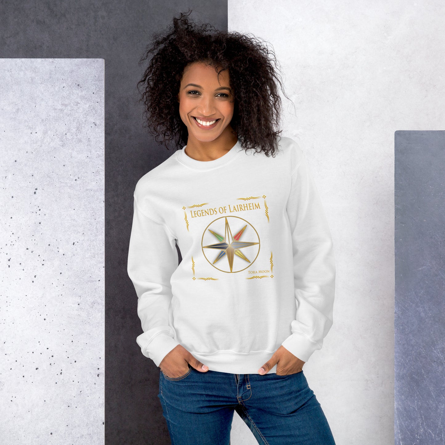 model wearing Legends of Lairheim Elemental Star sweatshirt -white