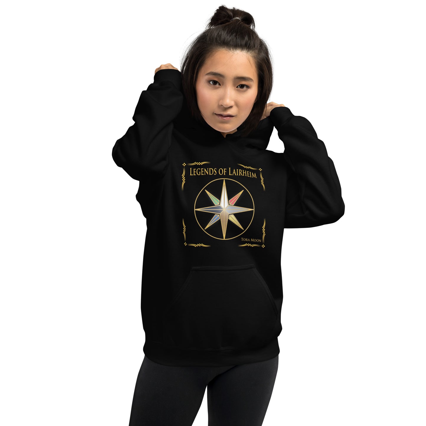 Model wearing Legends of Lairheim Elemental Star Hoodie - black