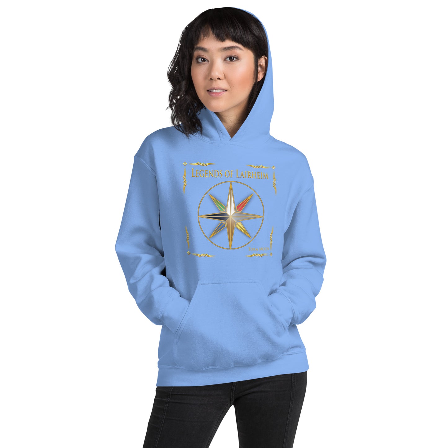 model wearing Legends of Lairheim Elemental Star Hoodie - carolina blue