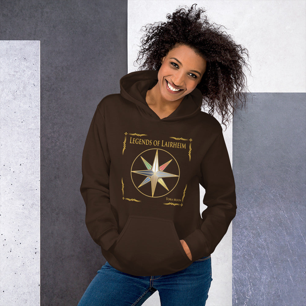 model wearing Legends of Lairheim Elemental Star Hoodie - dark chocolate