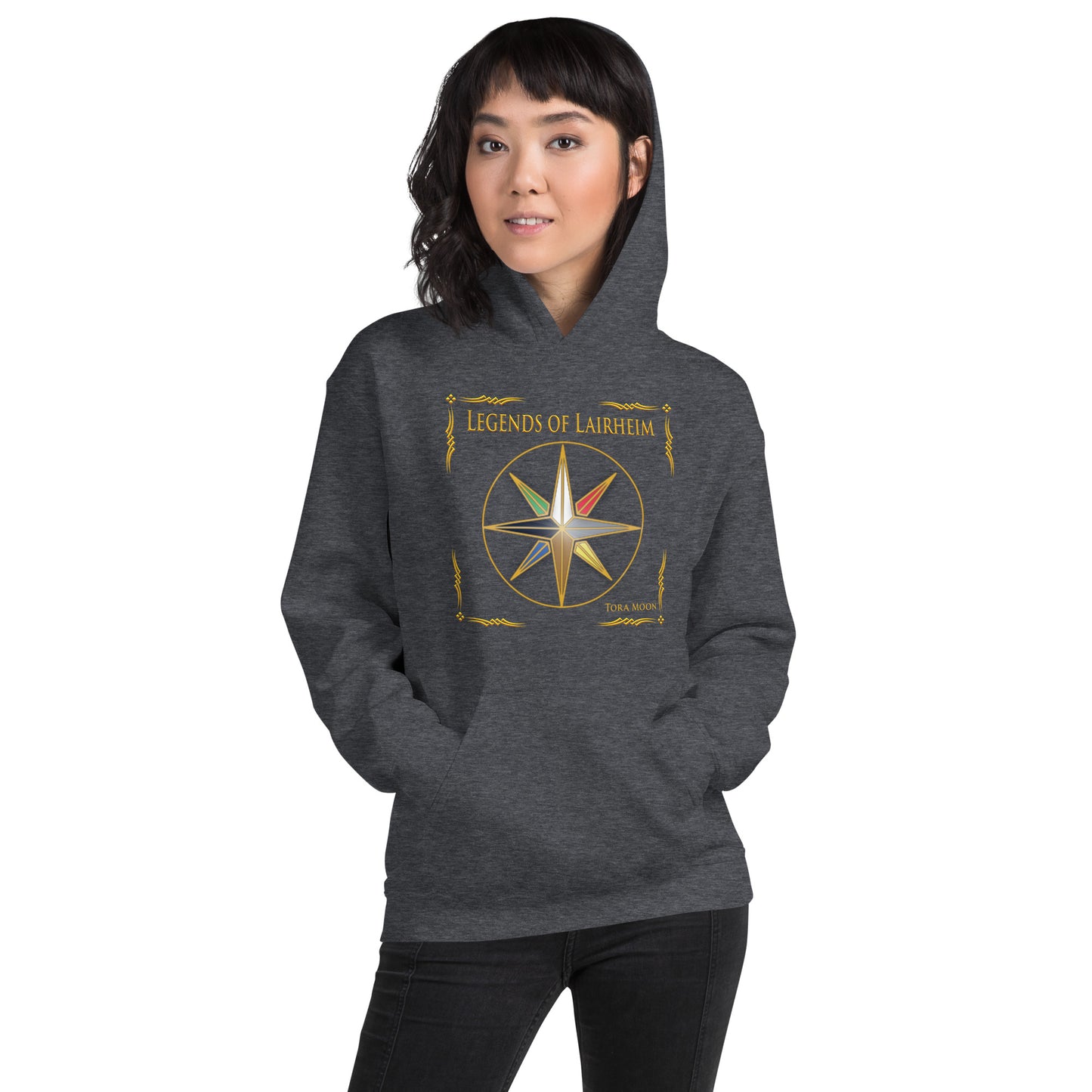 model wearing Legends of Lairheim Elemental Star Hoodie - dark grey