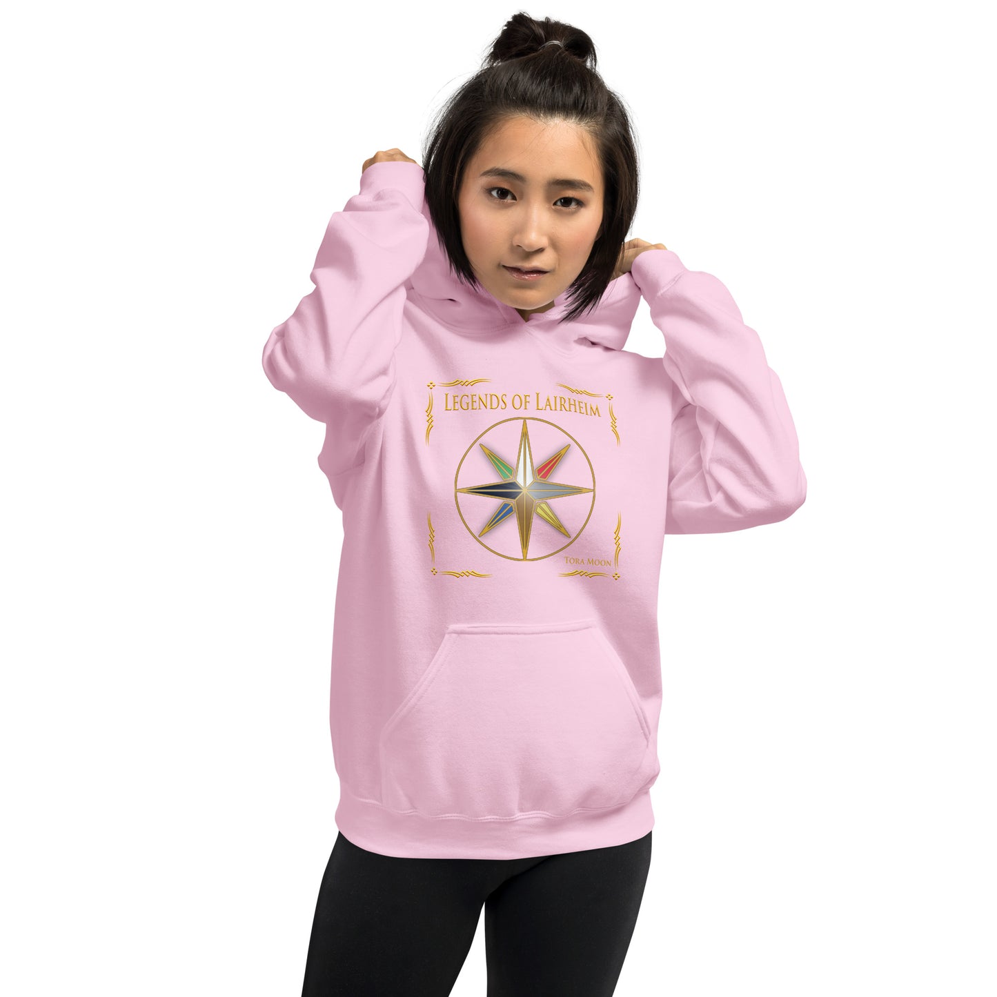 model wearing Legends of Lairheim Elemental Star Hoodie - light pink