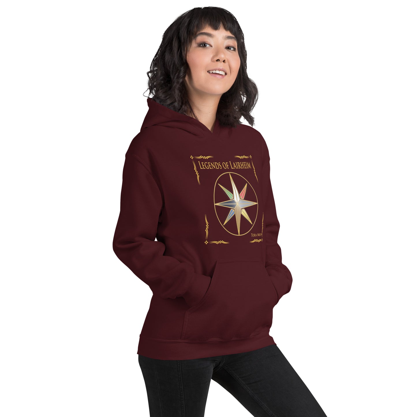 model wearing Legends of Lairheim Elemental Star Hoodie - maroon