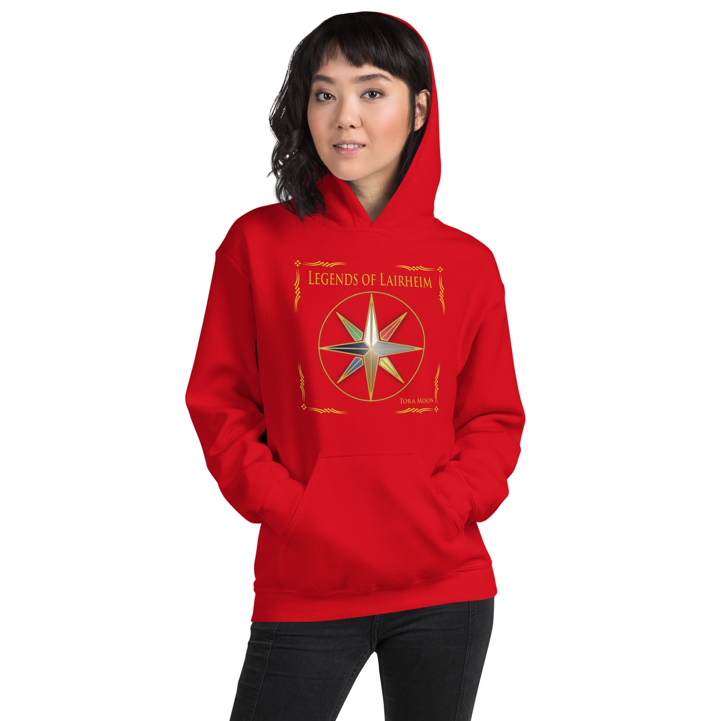 model wearing Legends of Lairheim Elemental Star Hoodie - red