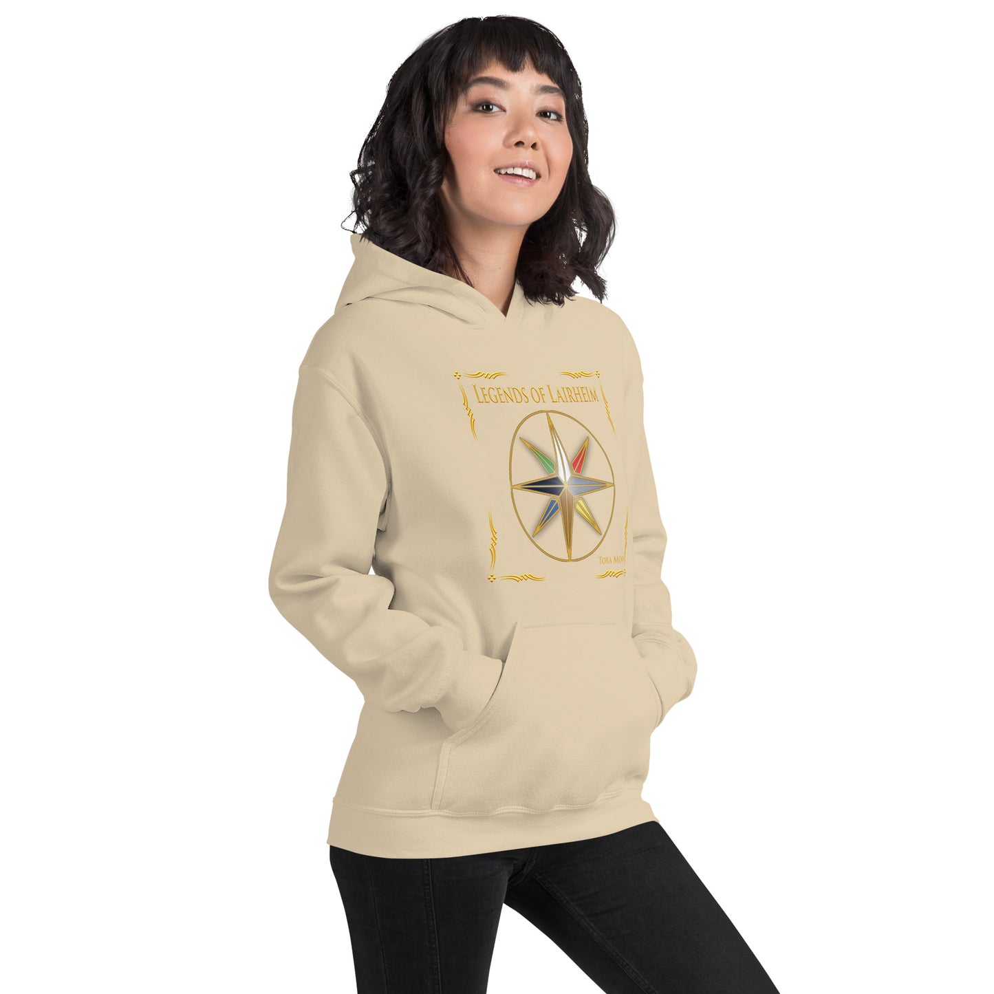 model wearing Legends of Lairheim Elemental Star Hoodie - sand