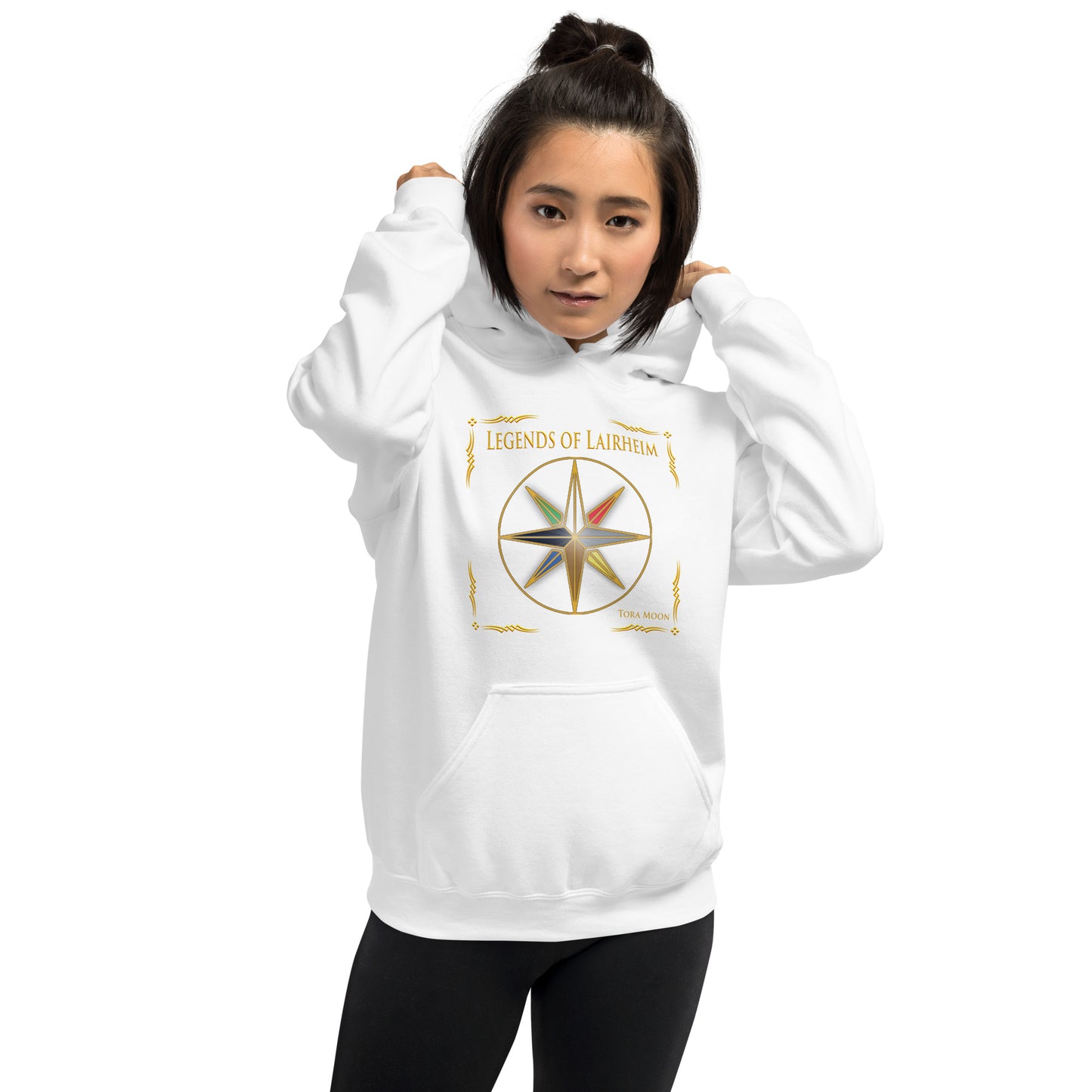 model wearing Legends of Lairheim Elemental Star Hoodie - white
