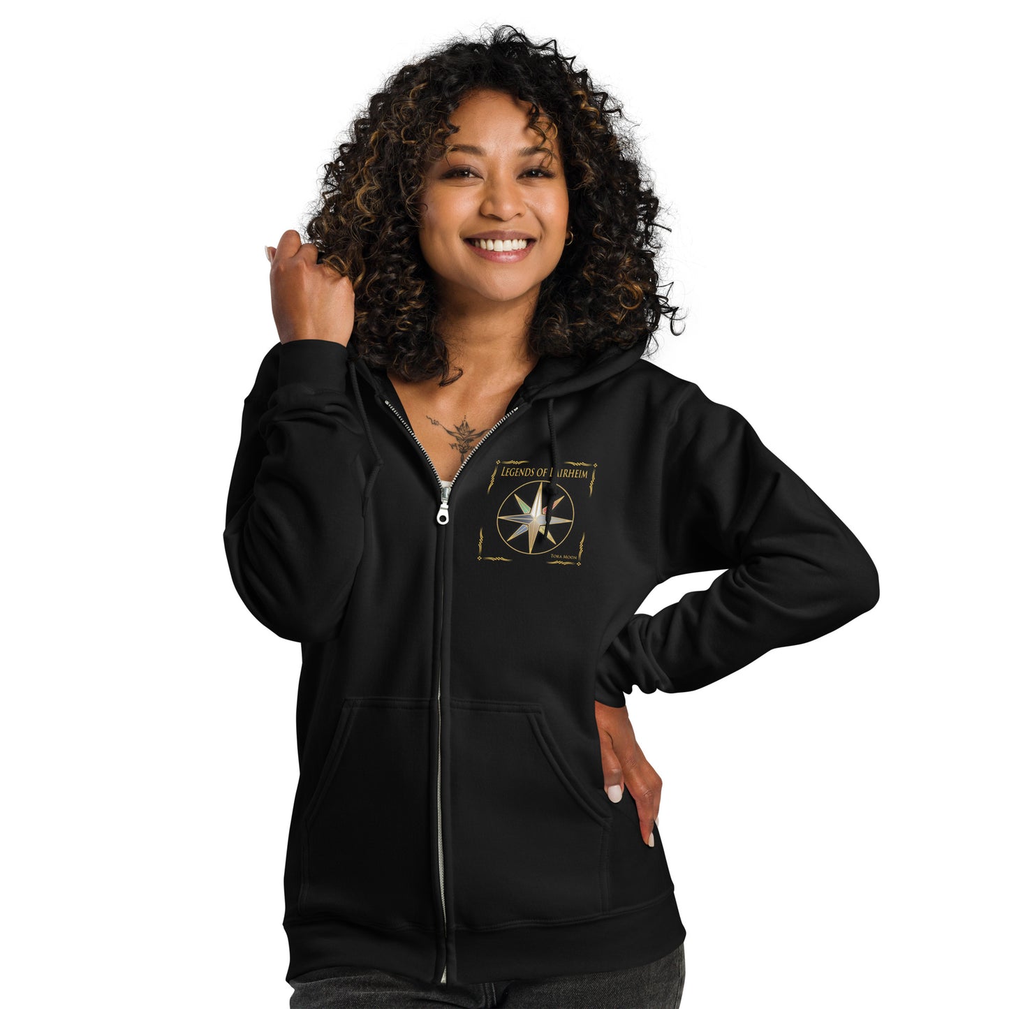 model wearing Legends of Lairheim Elemental Star Zip Hoodie - black