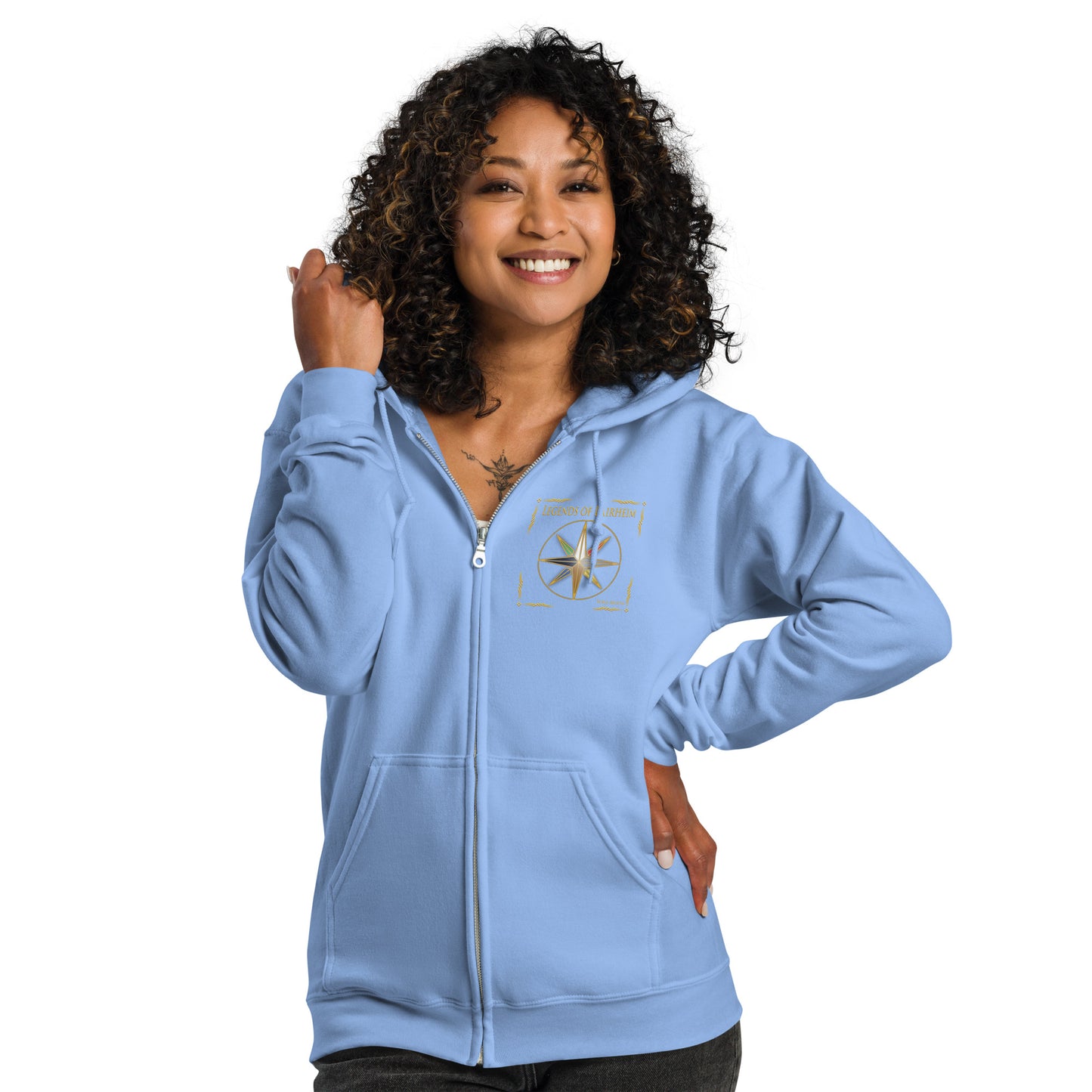 model wearing Legends of Lairheim Elemental Star Zip Hoodie - carolina blue