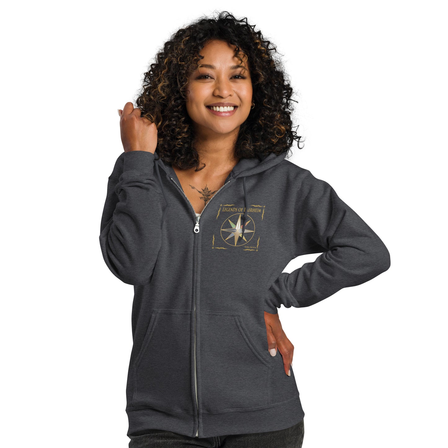 model wearing Legends of Lairheim Elemental Star Zip Hoodie - dark grey