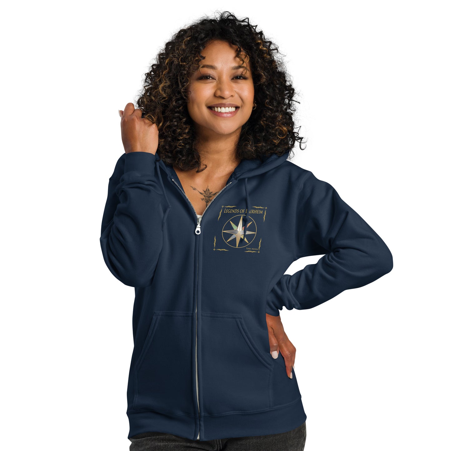 model wearing Legends of Lairheim Elemental Star Zip Hoodie - navy