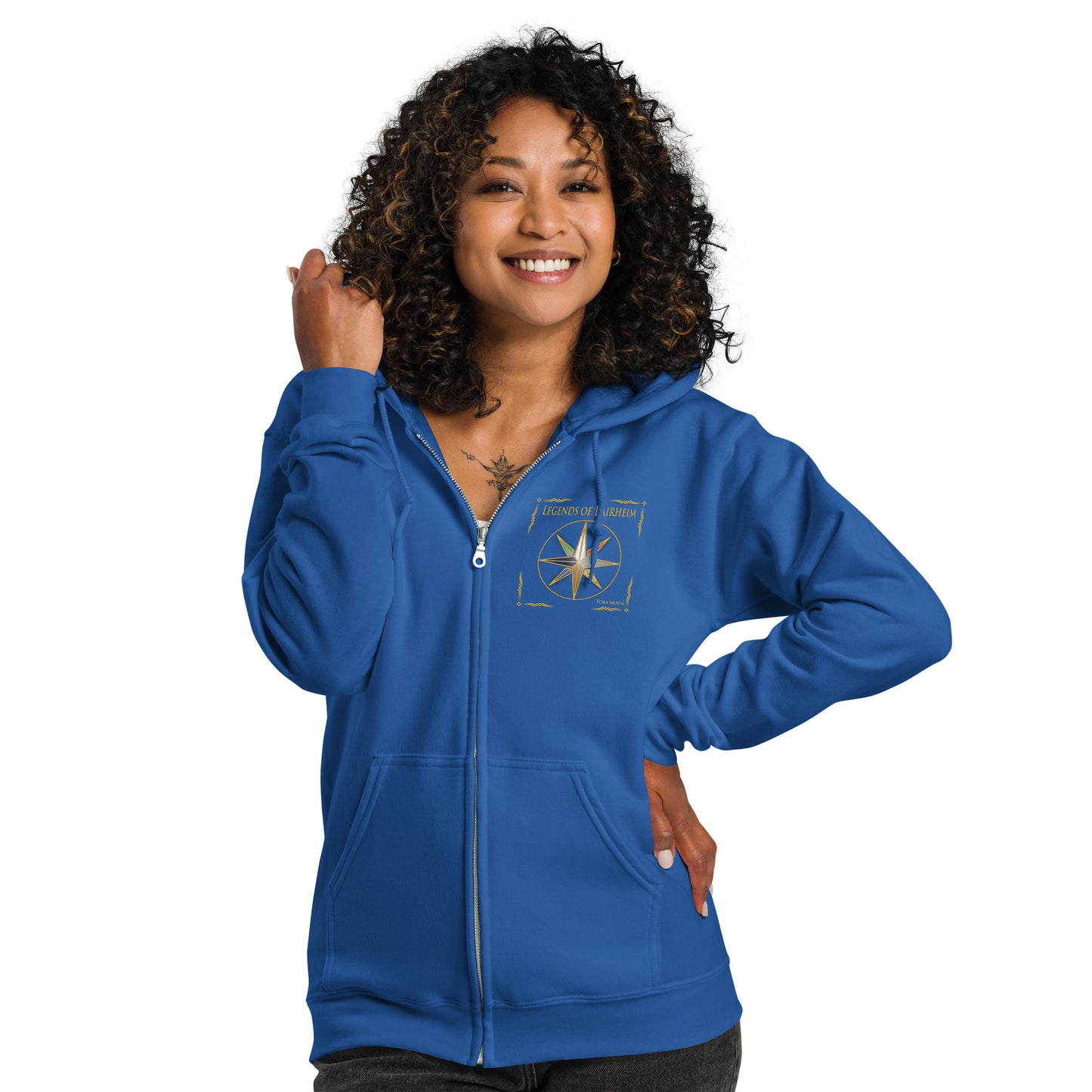 model wearing Legends of Lairheim Elemental Star Zip Hoodie - royal blue