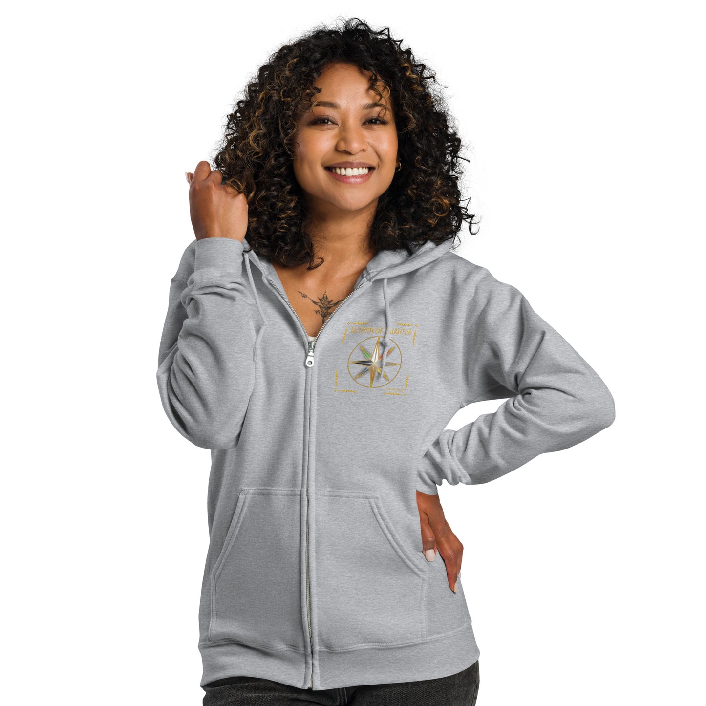 model wearing Legends of Lairheim Elemental Star Zip Hoodie - sport grey