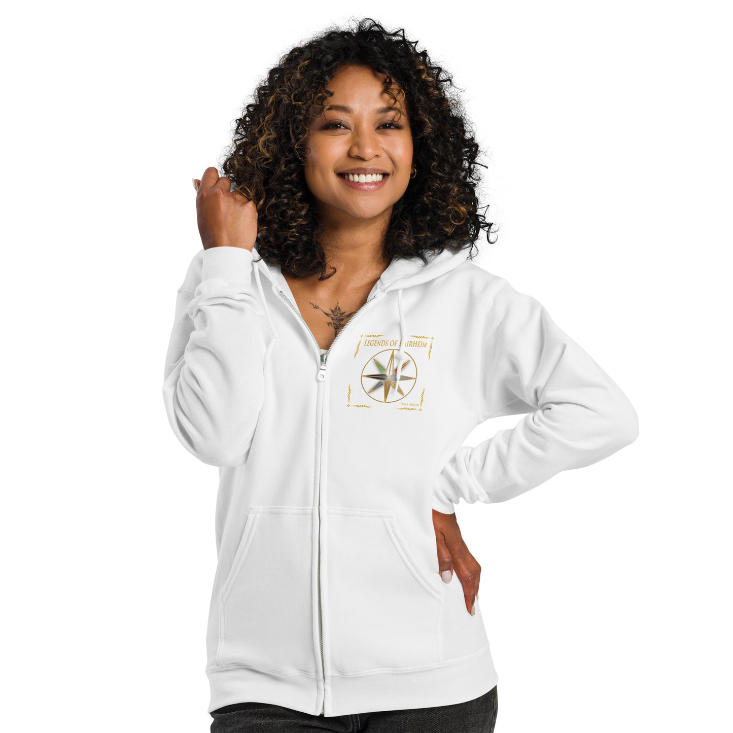 model wearing Legends of Lairheim Elemental Star Zip Hoodie - white
