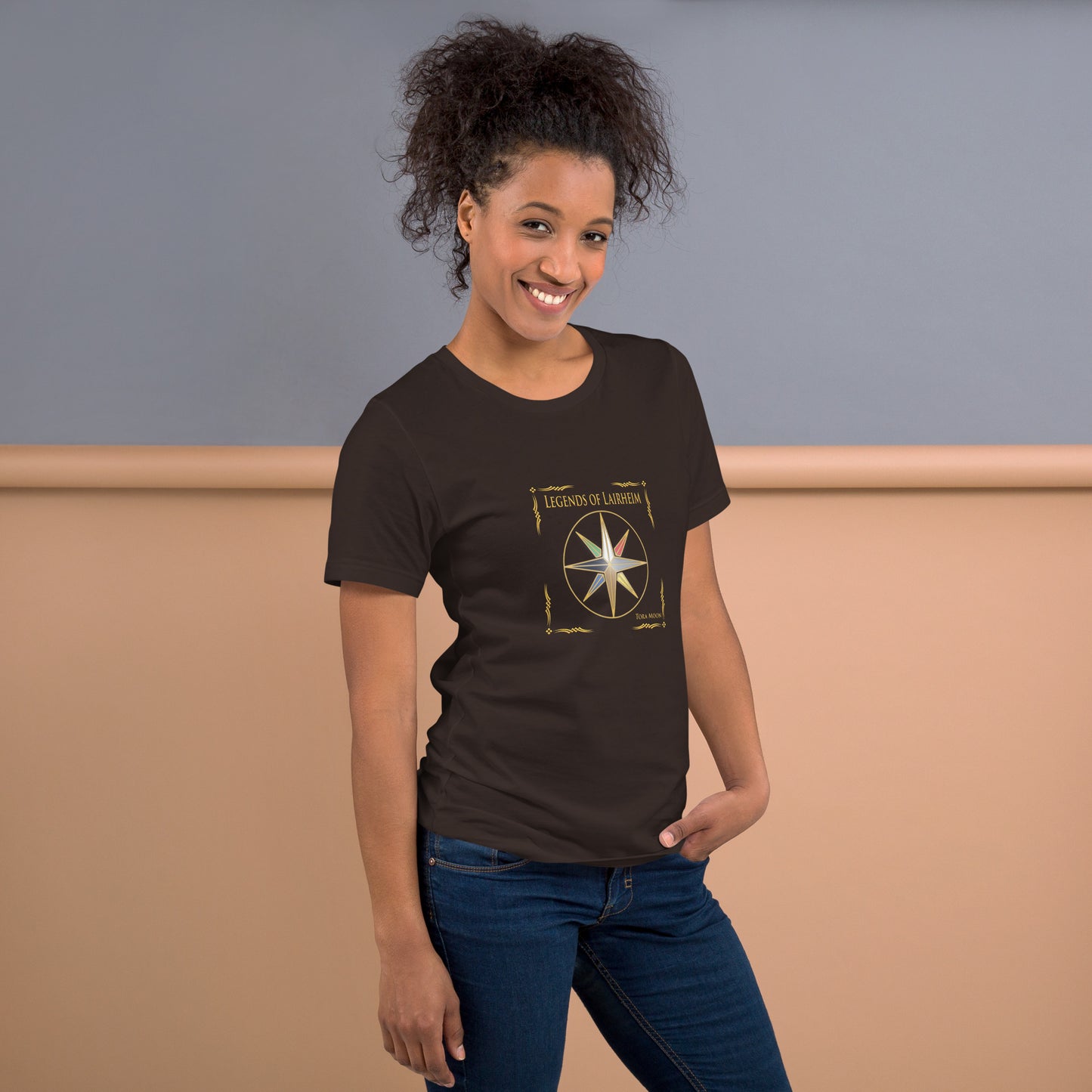 model wearing Legends of Lairheim Elemental Star t-shirt -brown