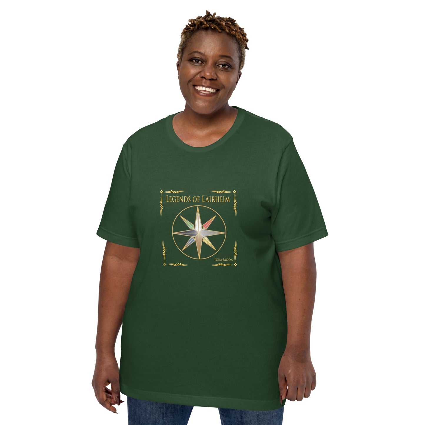 model wearing Legends of Lairheim Elemental Star t-shirt -forest green
