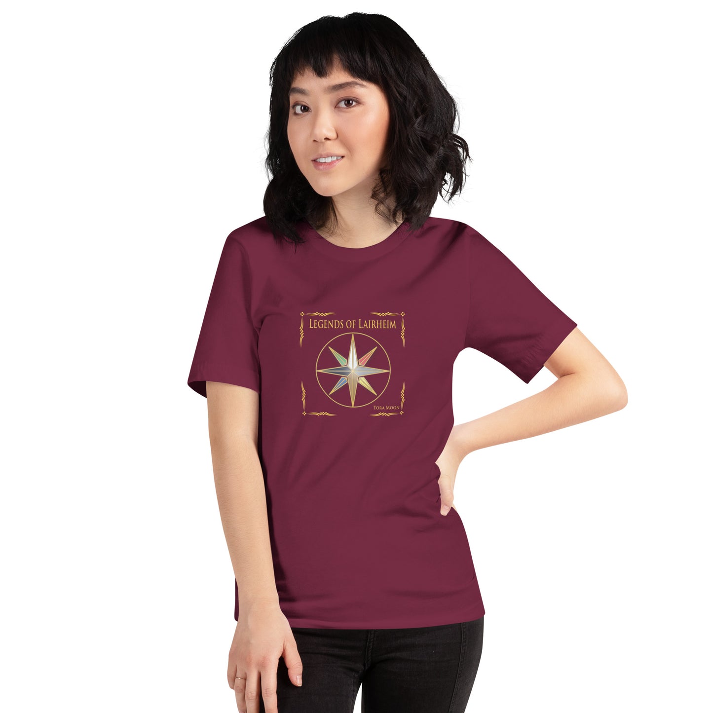 model wearing Legends of Lairheim Elemental Star t-shirt - maroon