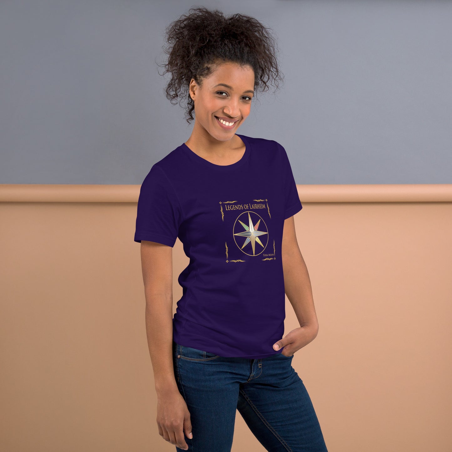 model wearing Legends of Lairheim Elemental Star t-shirt - purple
