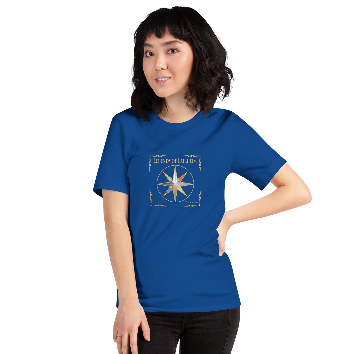 model wearing Legends of Lairheim Elemental Star t-shirt - royal blue