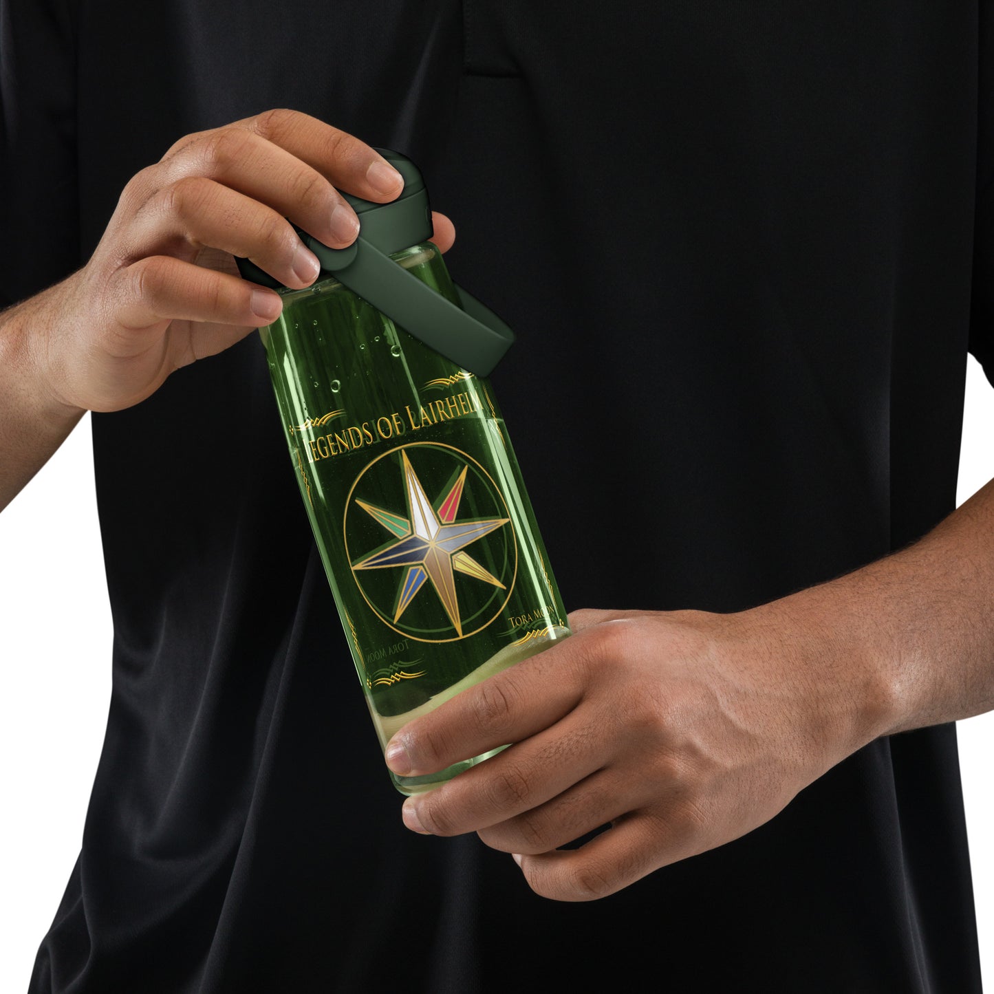 Person holding a Legends of Lairheim Elemental Star Flip Straw Water Bottle forest green
