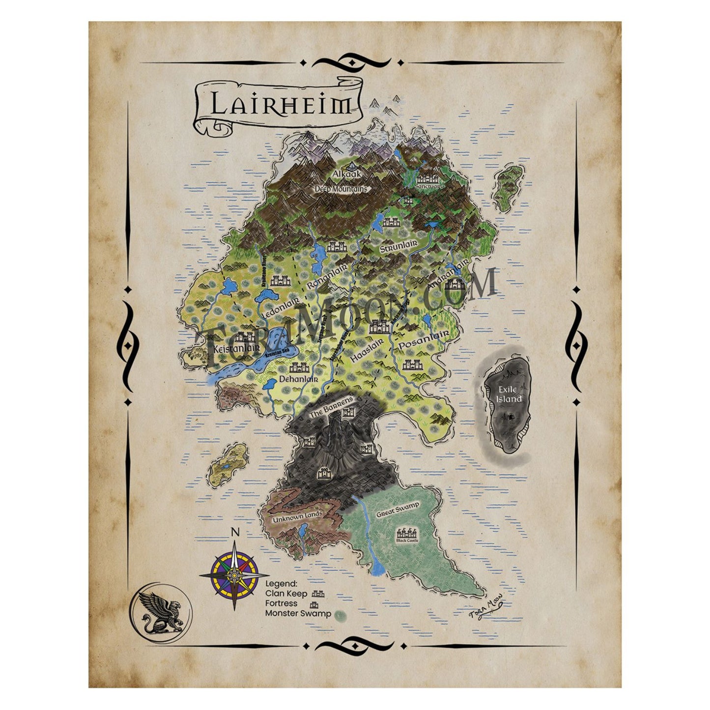 Hand-drawn Map of Lairheim, the world found in the books Legends of Lairheim by Tora Moon