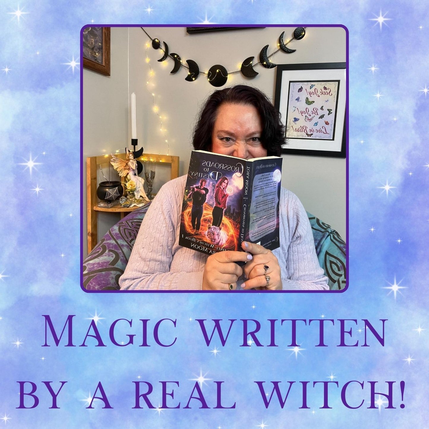 Image of author holding book with text: Magic Written by a Real Witch