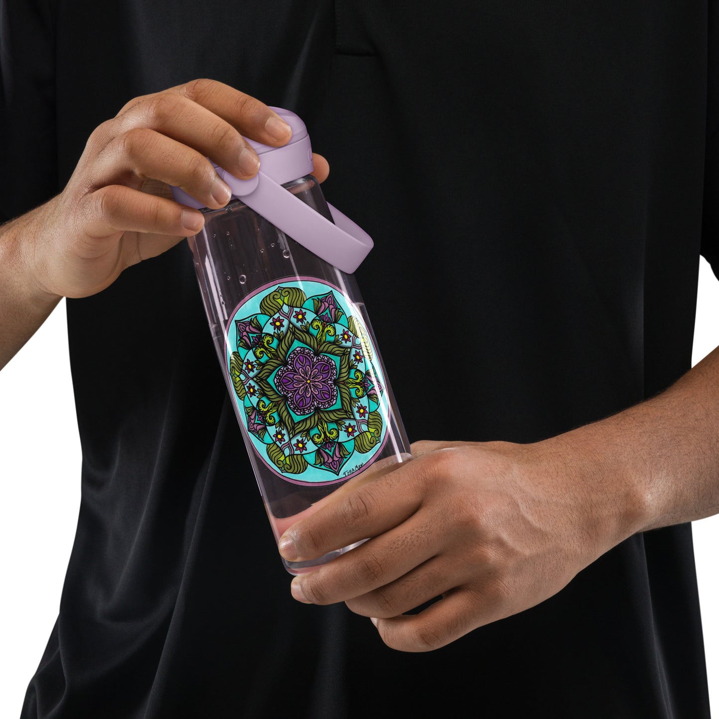 Person holding a clear bottle with a Sacred Harmony Pentagram Mandala Flip Straw Water Bottle purple sky