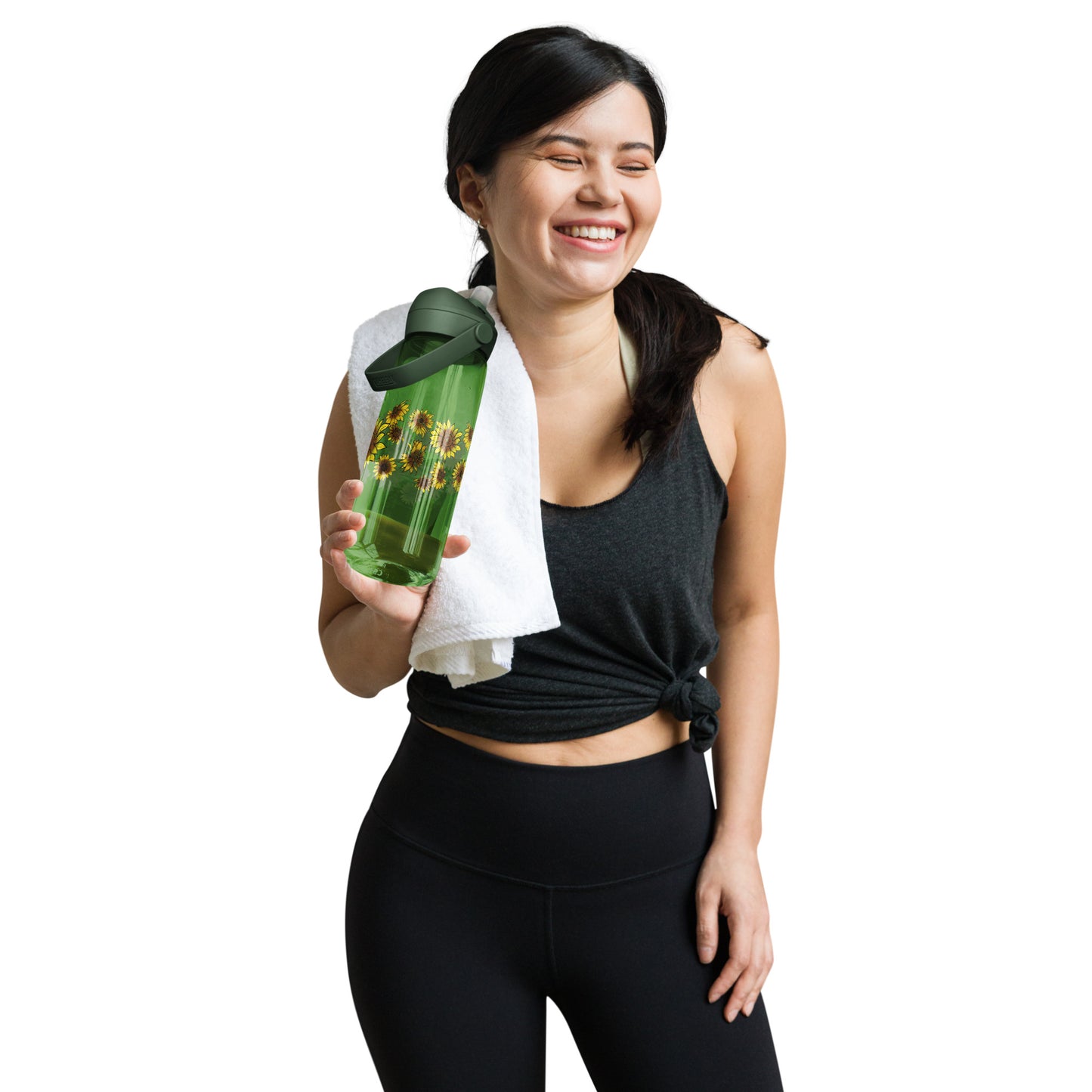 Woman in athletic wear holding a Sunflowers Flip Straw Water Bottle forest green
