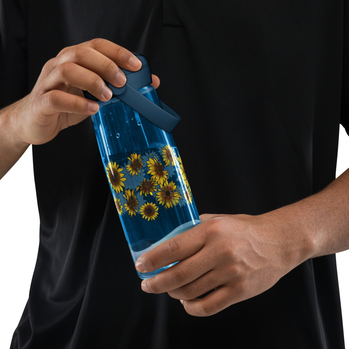 Person holding a Sunflowers Flip Straw Water Bottle oxford blue