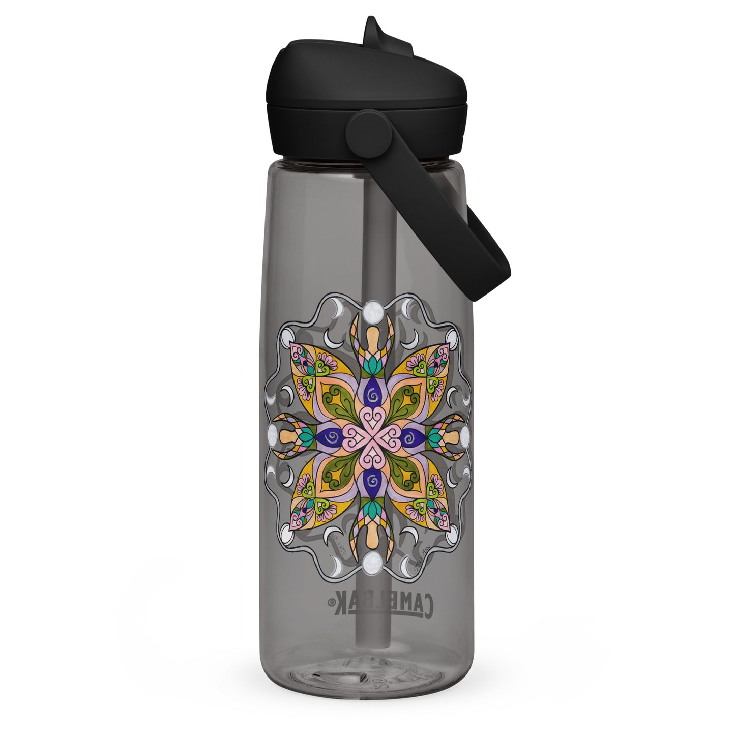 Moonlit Goddess Mandala Flip Straw Water Bottle charcoal