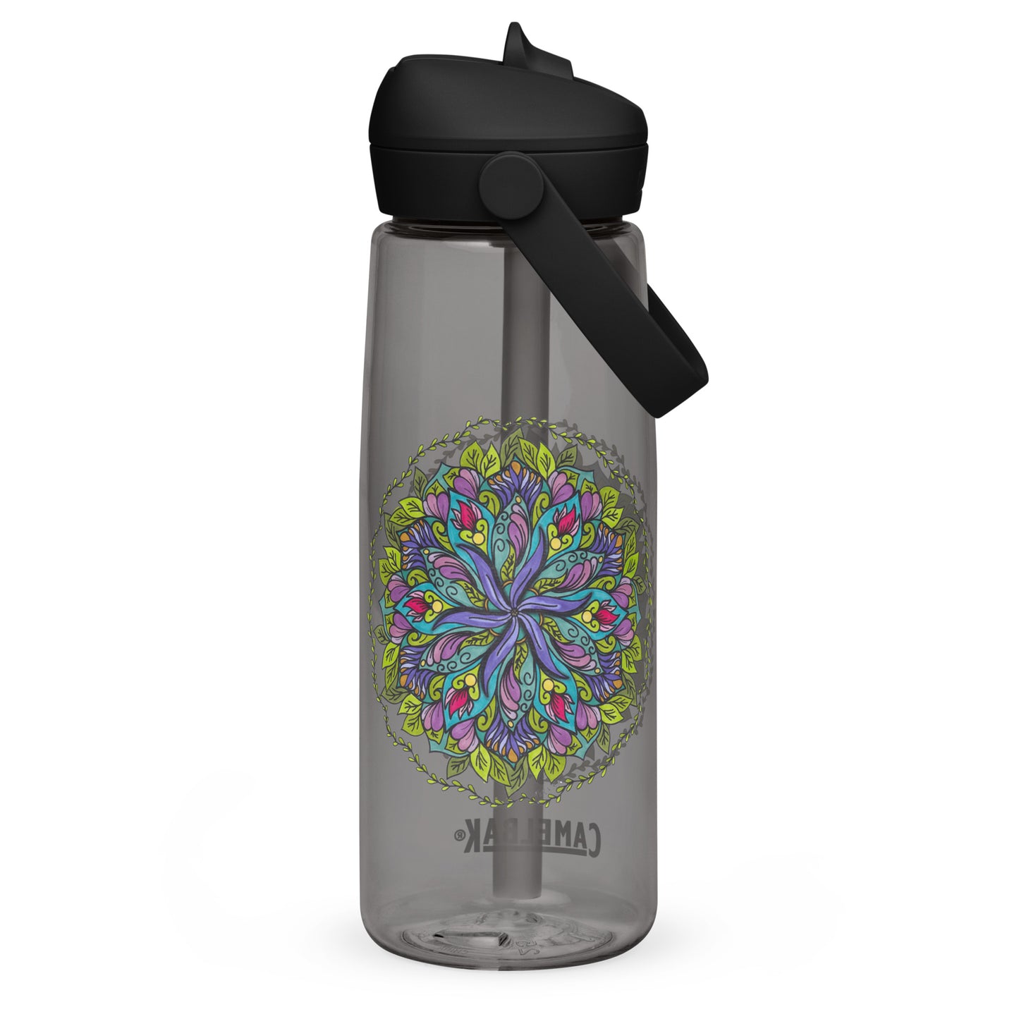 Bloom in Balance Swirling Flower Mandala Flip Straw Water Bottle charcoal