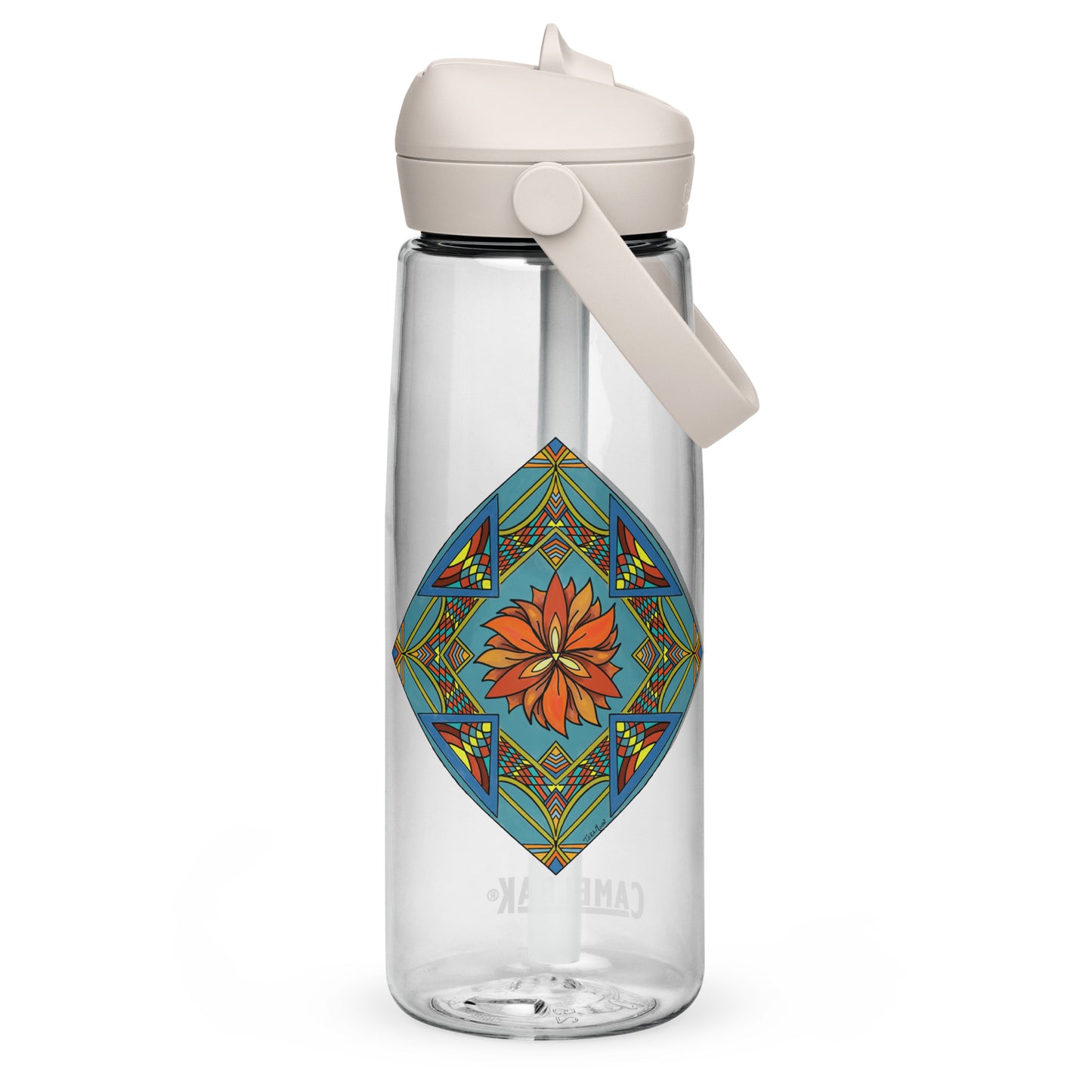 Fiery Radiance Mandala Flip Straw Water Bottle clear